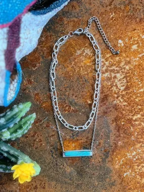 Chunky Chain Paired With Small Chain Turquoise Bar Necklace