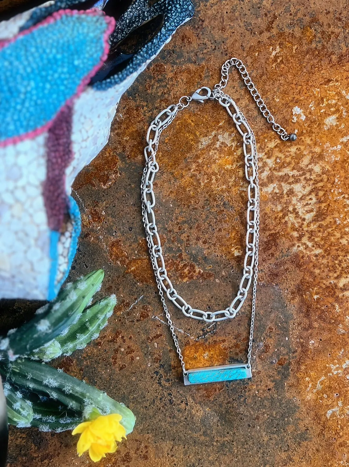 Chunky Chain Paired With Small Chain Turquoise Bar Necklace