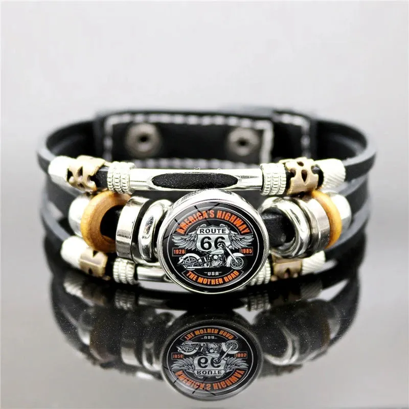 Classic US Route 66 Leather Bracelet Vintage Fashion Logo US Route 66 Multi Layer Woven Bracelet Handmade Jewelry Gift