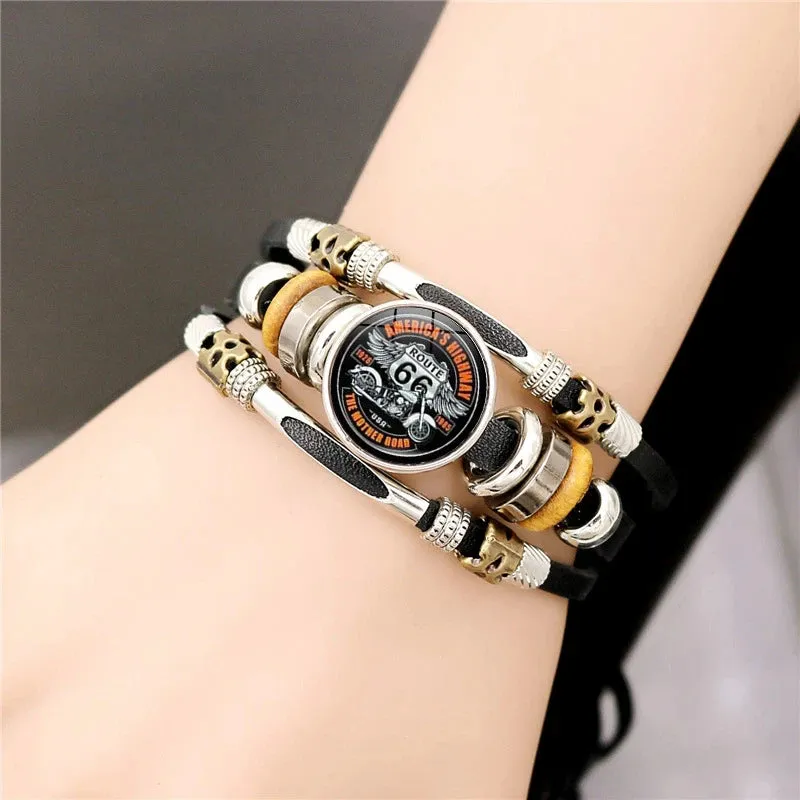 Classic US Route 66 Leather Bracelet Vintage Fashion Logo US Route 66 Multi Layer Woven Bracelet Handmade Jewelry Gift