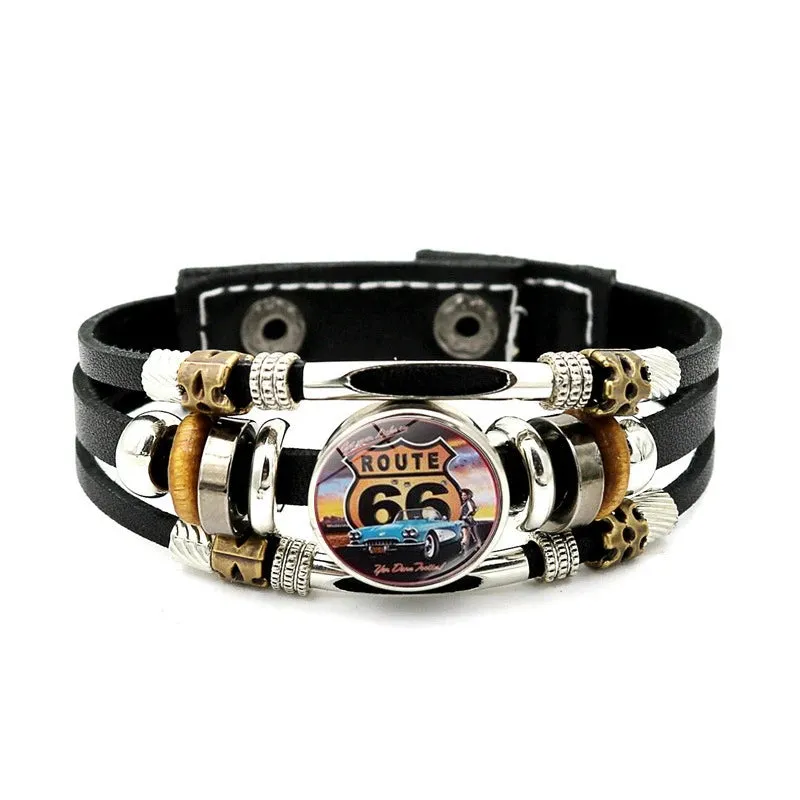 Classic US Route 66 Leather Bracelet Vintage Fashion Logo US Route 66 Multi Layer Woven Bracelet Handmade Jewelry Gift