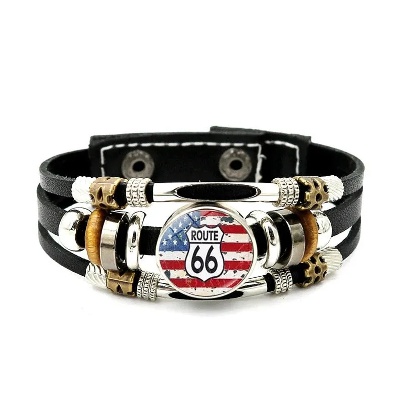 Classic US Route 66 Leather Bracelet Vintage Fashion Logo US Route 66 Multi Layer Woven Bracelet Handmade Jewelry Gift