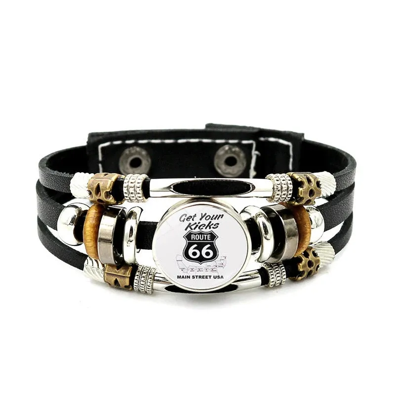 Classic US Route 66 Leather Bracelet Vintage Fashion Logo US Route 66 Multi Layer Woven Bracelet Handmade Jewelry Gift