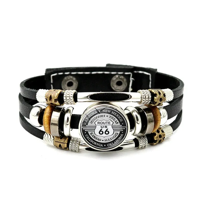 Classic US Route 66 Leather Bracelet Vintage Fashion Logo US Route 66 Multi Layer Woven Bracelet Handmade Jewelry Gift