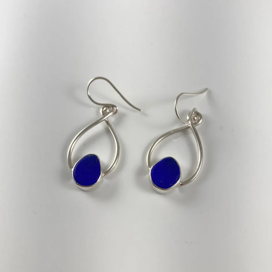 Cobalt Sea Glass & Sterling Silver Drop Earrings