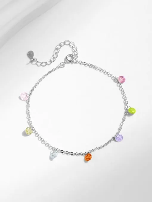 Colorful Rhinestone Bracelet, 925 Sterling Silver Rainbow Charm Dainty Silver Bracelet