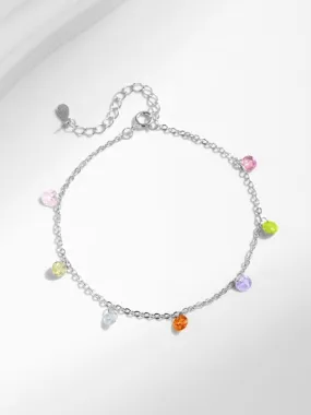 Colorful Rhinestone Bracelet, 925 Sterling Silver Rainbow Charm Dainty Silver Bracelet