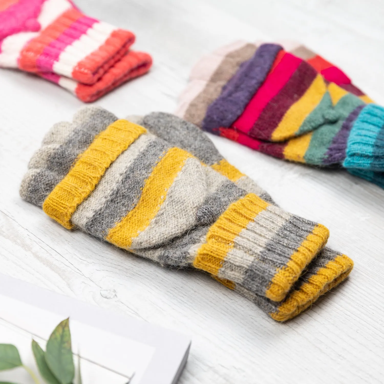 Colourful Stripe Knit Mitten Gloves