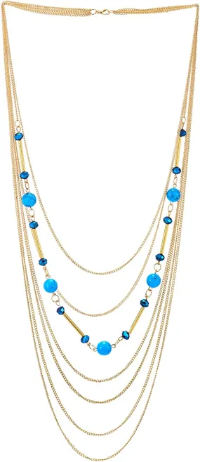 COOLSTEELANDBEYOND Gold Statement Necklace Multi-Strand Waterfall Long Chains, Blue Crystal, Synthetic Turquoise Bead