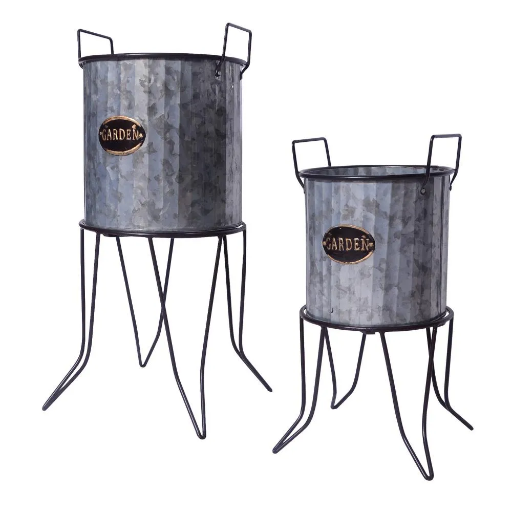 Corrugated Design and Metal Frame, Galvanized Plant Stand with , Set of 2, Metallic Gray By The Urban Port