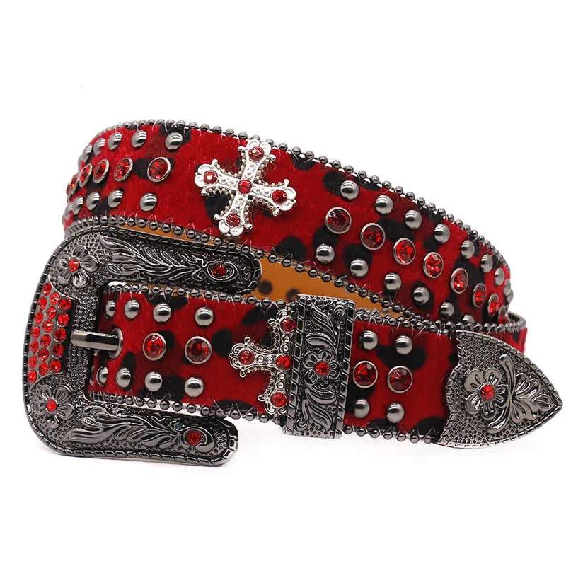 Cross Rivet Studded Bling Rhinestone Leather Belt