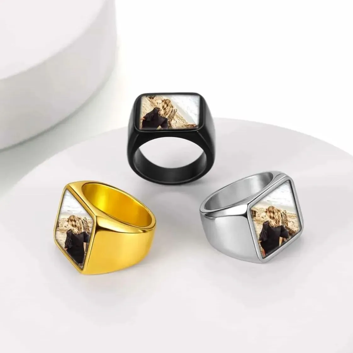 Custom Square Signet Ring With Photo for Men