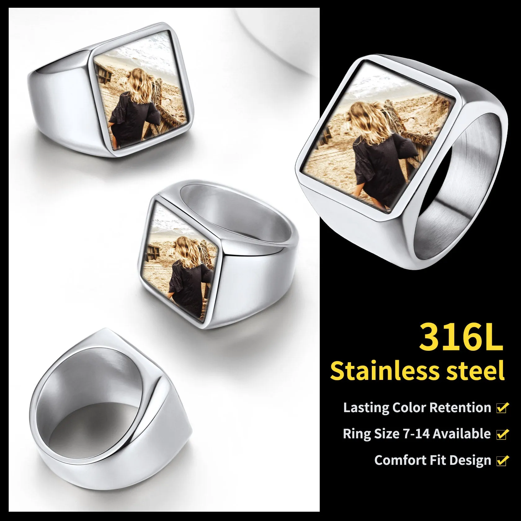 Custom Square Signet Ring With Photo for Men