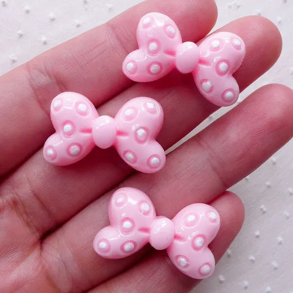 Cute Bowtie Cabochons / Polka Dot Bow Tie Cabochon (3pcs / 25mm x 15mm / Light Pink / Flat Back) Kawaii Case Deco Baby Hairpin Making CAB473