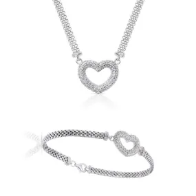 CZ Italian Heart Necklace and Bracelet Gift Set in Sterling Silver