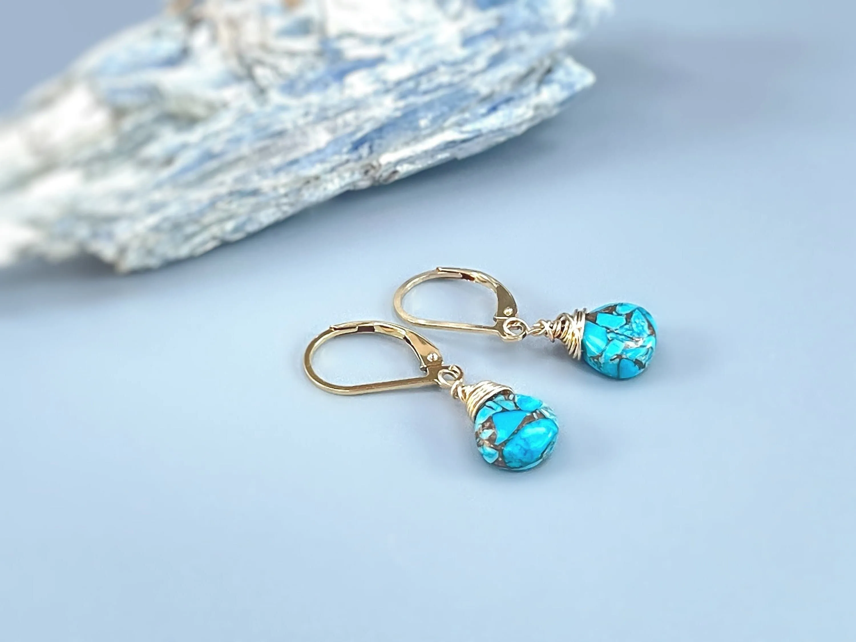 Dainty Copper Turquoise Earrings Sterling Silver, Gold, leverback dangle earrings