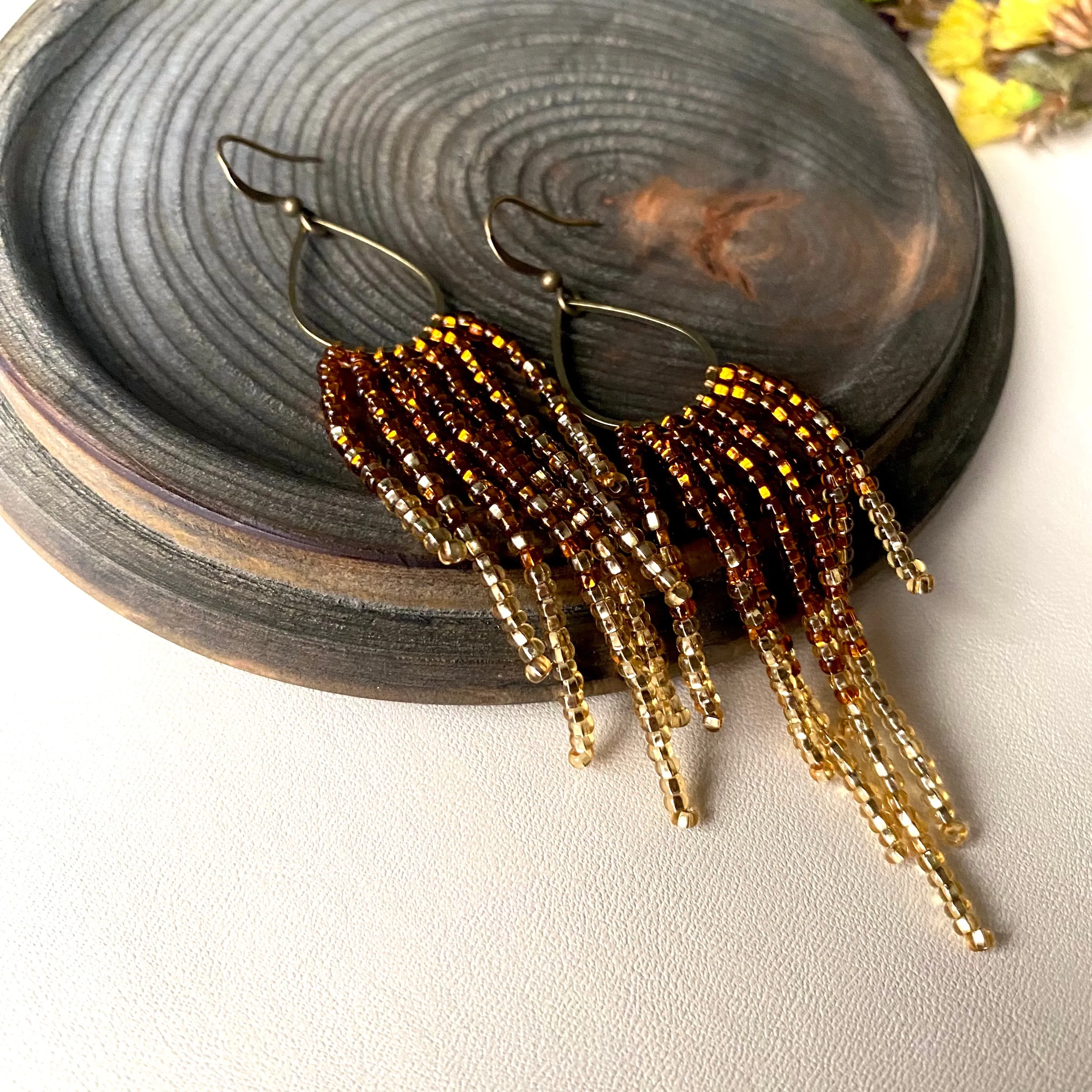 Dainty Ombre Gold Seed Bead Earrings, Shiny and Sparkly Fringe Chandelier Earrings, Bohemian Earrings, Statement Earring, Boho Chic Earrings, Luxury Earrings