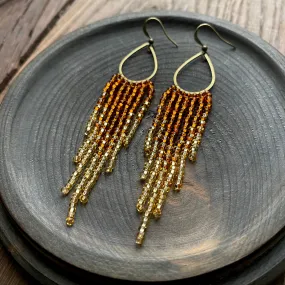 Dainty Ombre Gold Seed Bead Earrings, Shiny and Sparkly Fringe Chandelier Earrings, Bohemian Earrings, Statement Earring, Boho Chic Earrings, Luxury Earrings