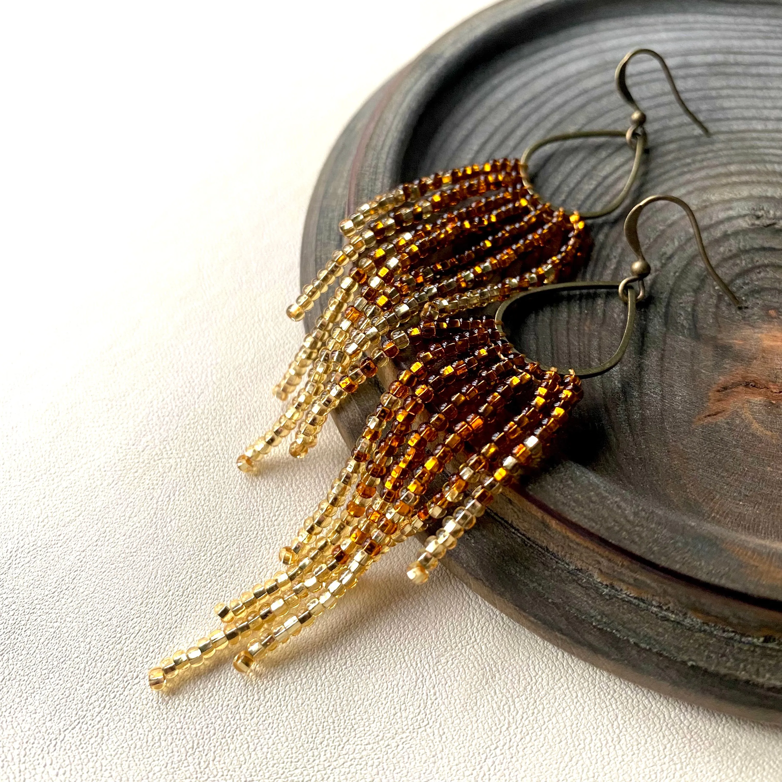 Dainty Ombre Gold Seed Bead Earrings, Shiny and Sparkly Fringe Chandelier Earrings, Bohemian Earrings, Statement Earring, Boho Chic Earrings, Luxury Earrings