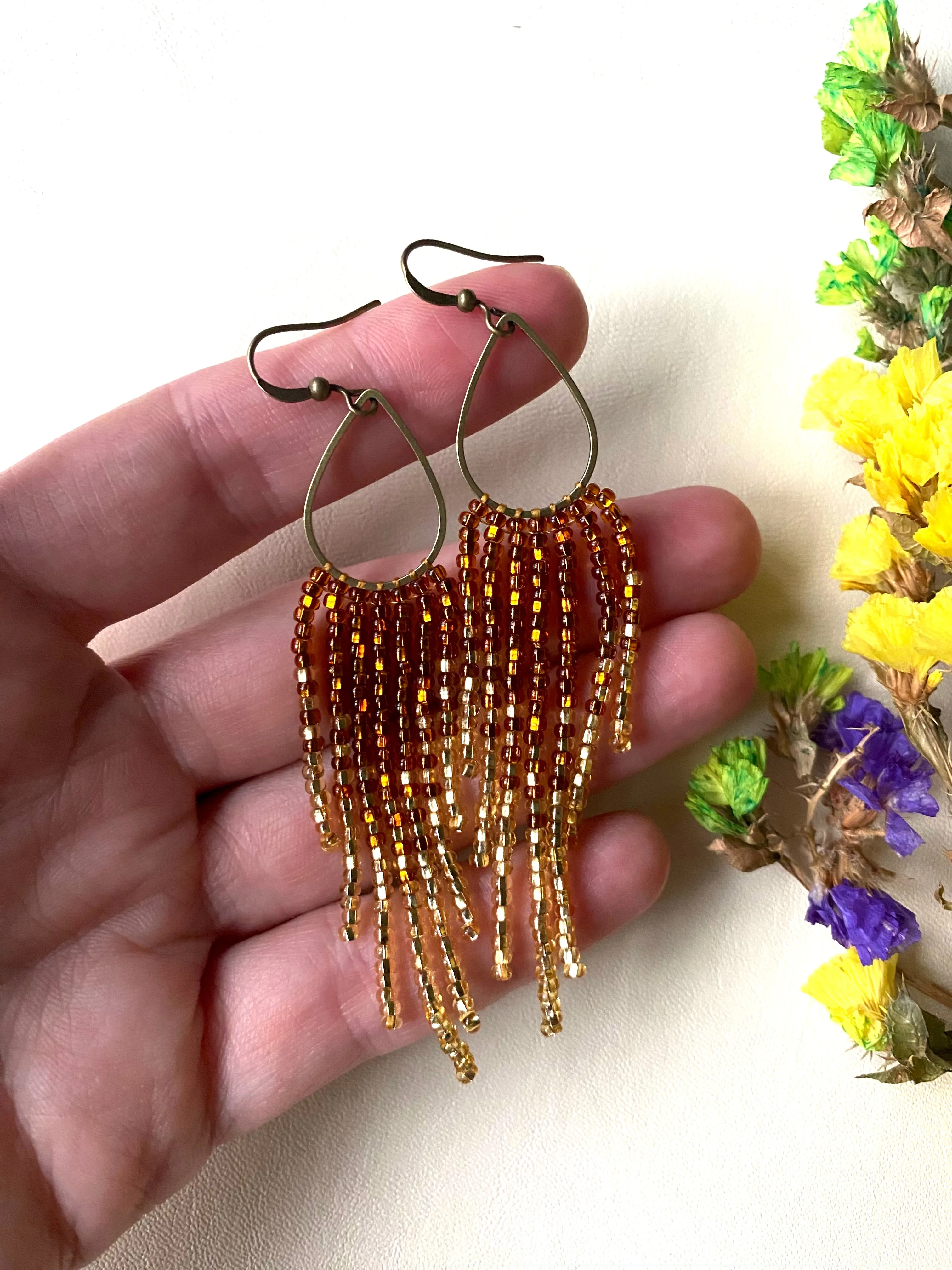 Dainty Ombre Gold Seed Bead Earrings, Shiny and Sparkly Fringe Chandelier Earrings, Bohemian Earrings, Statement Earring, Boho Chic Earrings, Luxury Earrings