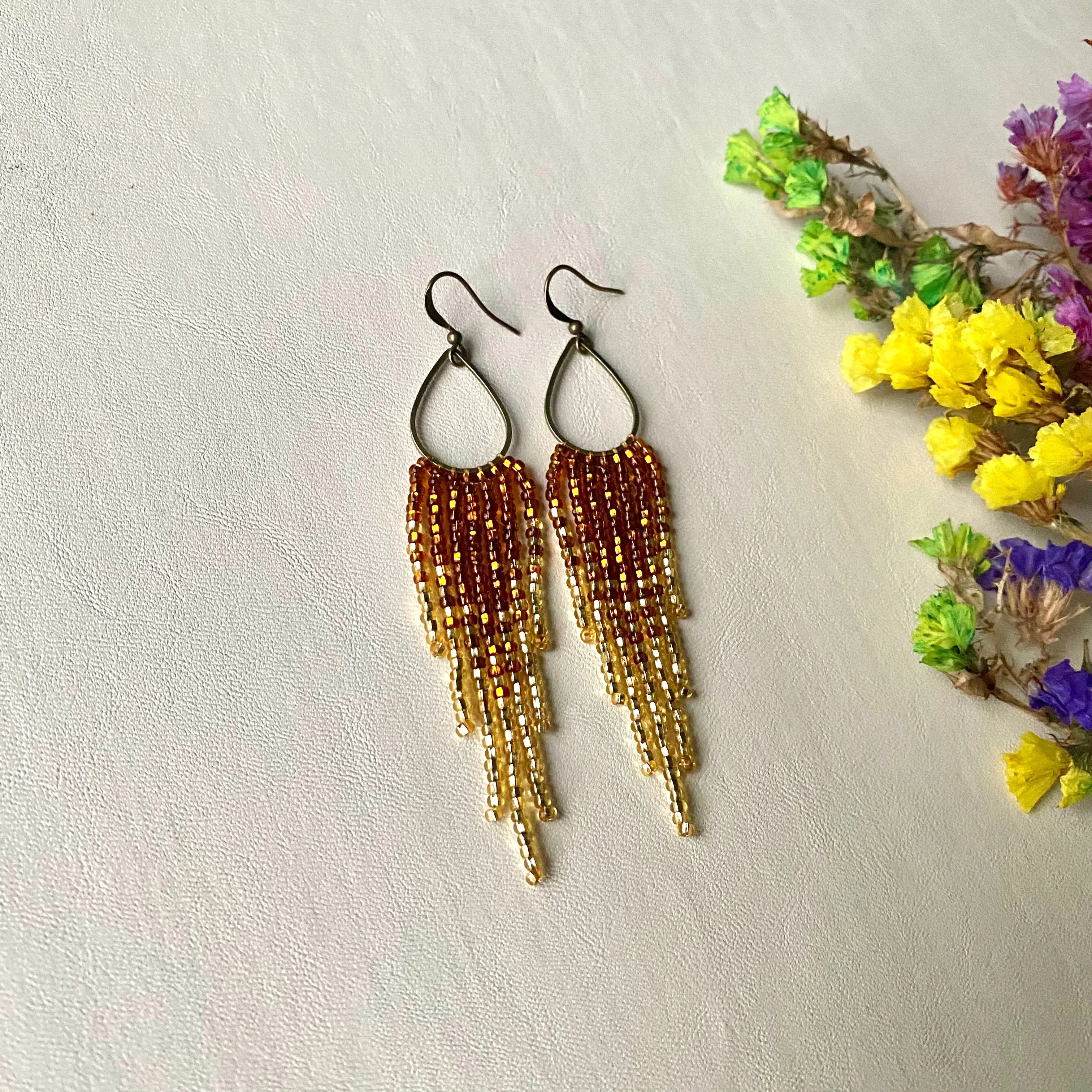 Dainty Ombre Gold Seed Bead Earrings, Shiny and Sparkly Fringe Chandelier Earrings, Bohemian Earrings, Statement Earring, Boho Chic Earrings, Luxury Earrings