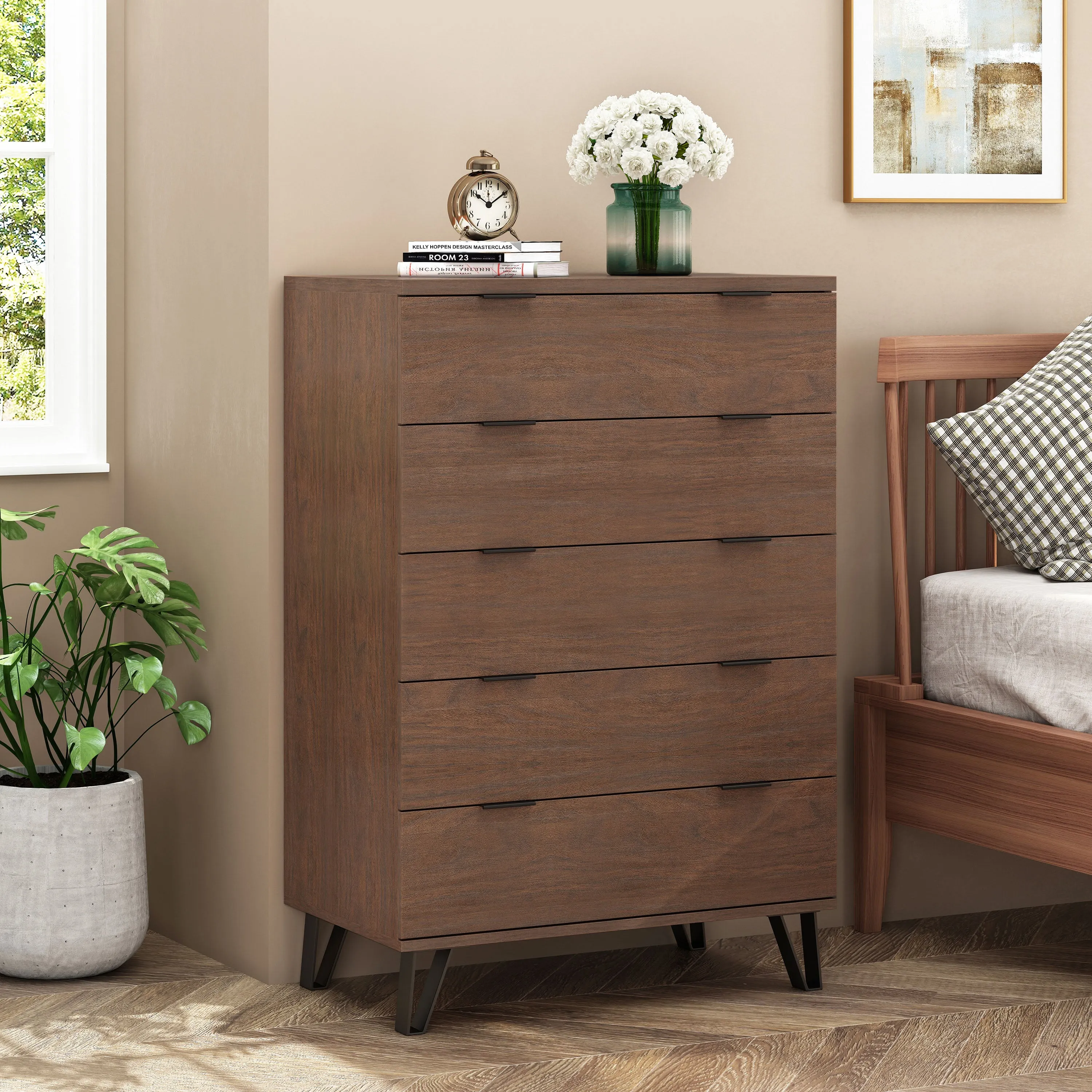 Demijen Modern Industrial 5 Drawer Wide Dresser, Walnut and Matte Black