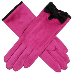 Dents Velour Lined Faux Suede Bow Gloves - Fuchsia Pink/Black