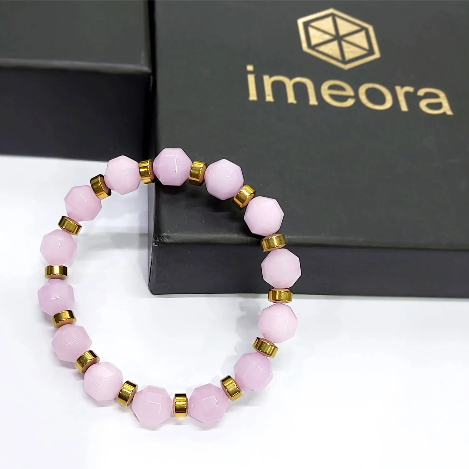 Diamond Cut Kunzite With Golden Hematite Natural Stone Bracelet