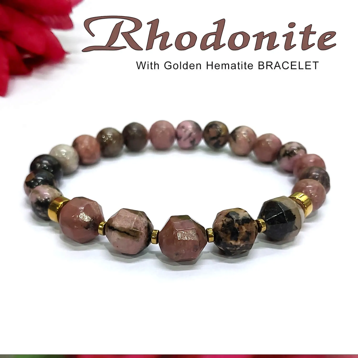 Diamond Cut Rhodonite With Golden Hematite Natural Stone Bracelet