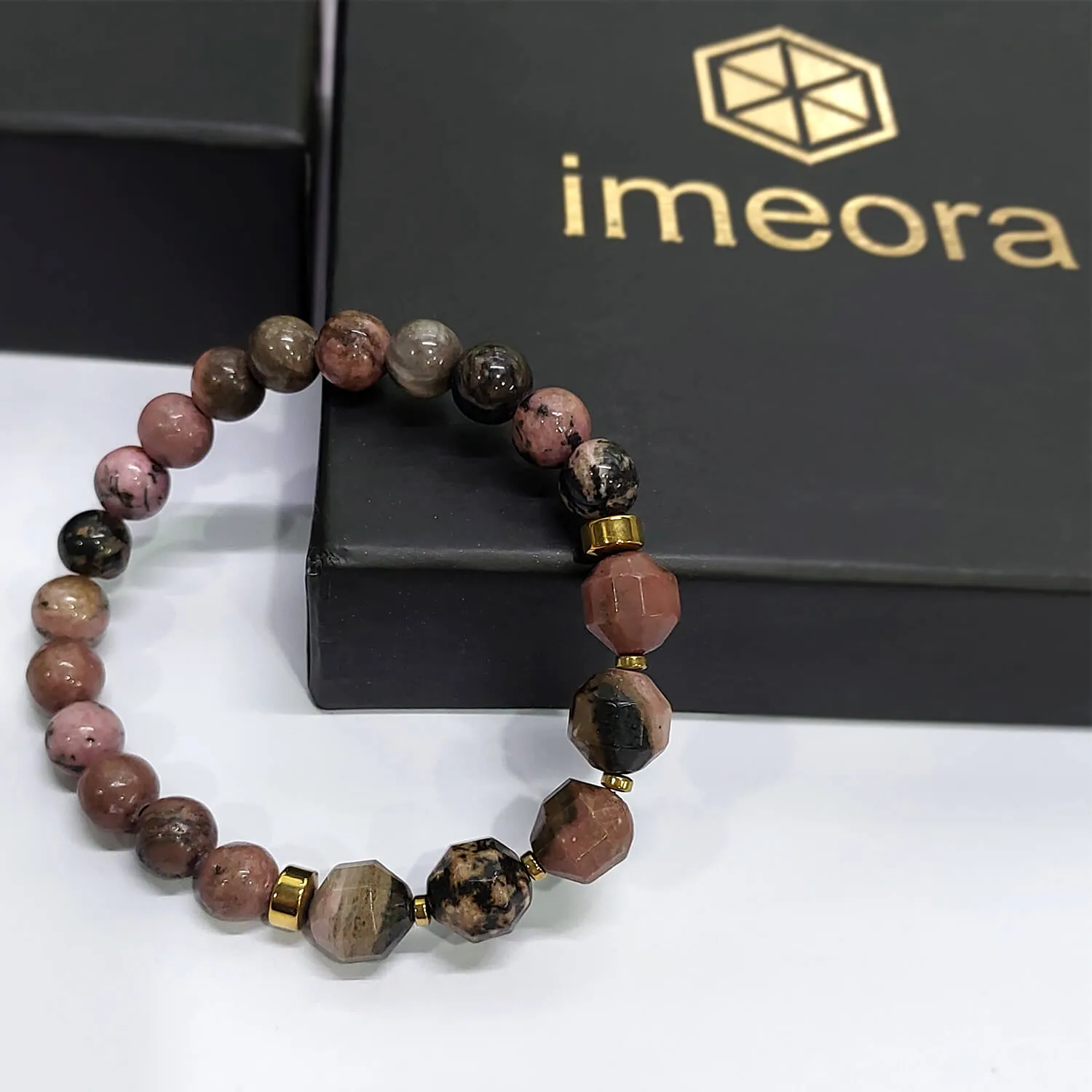 Diamond Cut Rhodonite With Golden Hematite Natural Stone Bracelet