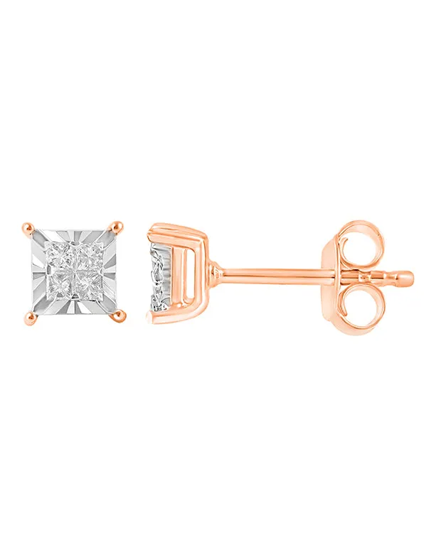 Diamond Studs - 10ct Rose Gold Princess Cut Diamond Stud Earrings - 785652