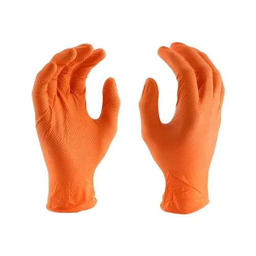 Disposable Premium Heavy Duty Orange Nitrile Gloves Powder and Latex Free - Great Chemical Resistant Industrial Gloves - 100 Gloves per Box