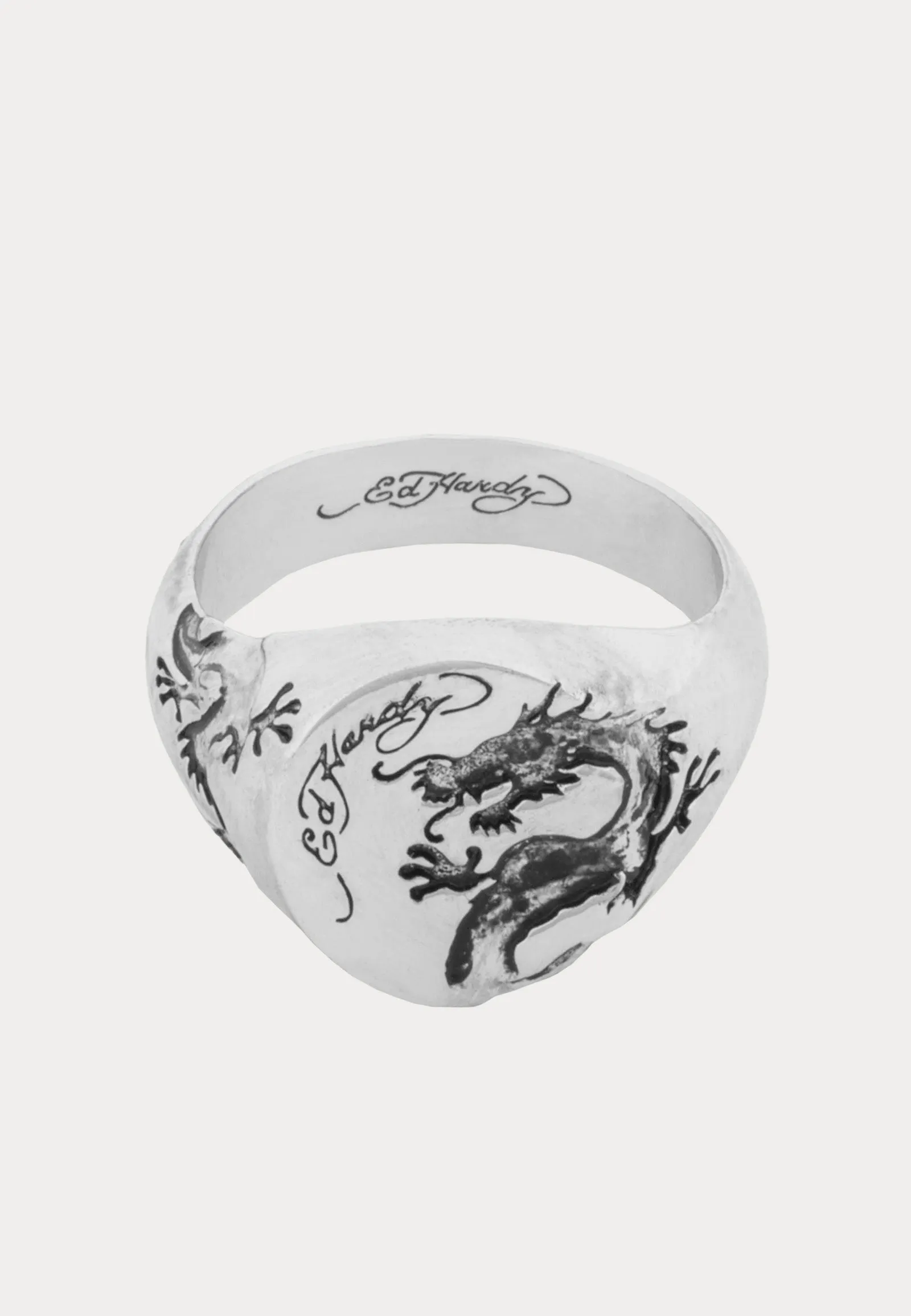 Dragon Engraved Oval Signet Ring - Silver