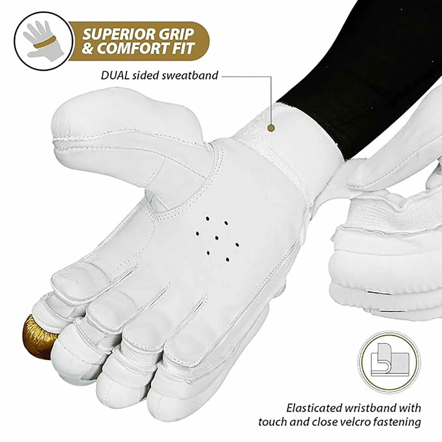 DSC Condor Surge 2.0 Right-Hand Men’s Cricket Batting Gloves, White/Gold – Premium Leather Protection & Comfort