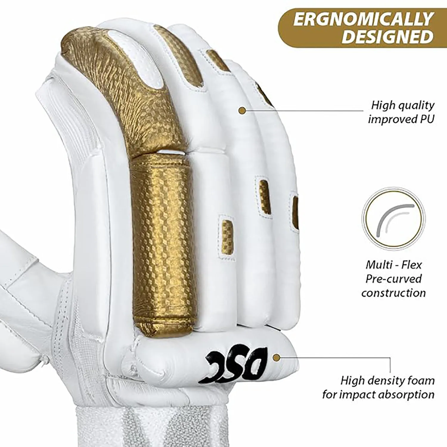 DSC Condor Surge 2.0 Right-Hand Men’s Cricket Batting Gloves, White/Gold – Premium Leather Protection & Comfort