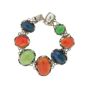 Edwardian Sterling & Multi Stone Scarab Link Bracelet