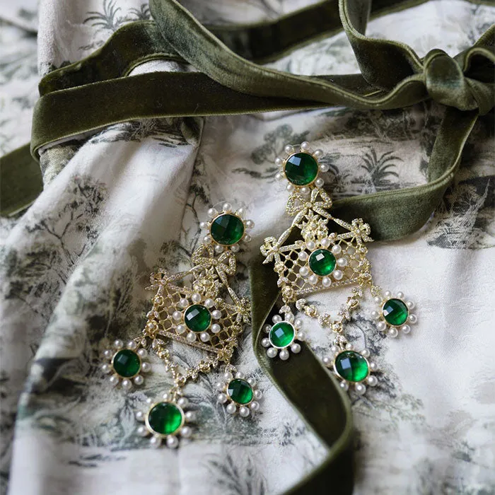 Emerald Flower & Pearl Chandelier Earrings