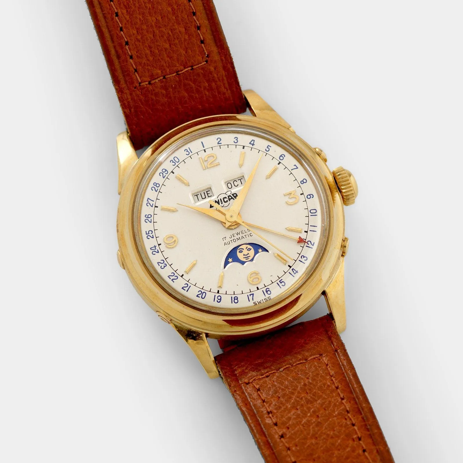 Enicar Triple Calendar Moonphase Yellow Gold Dress Watch