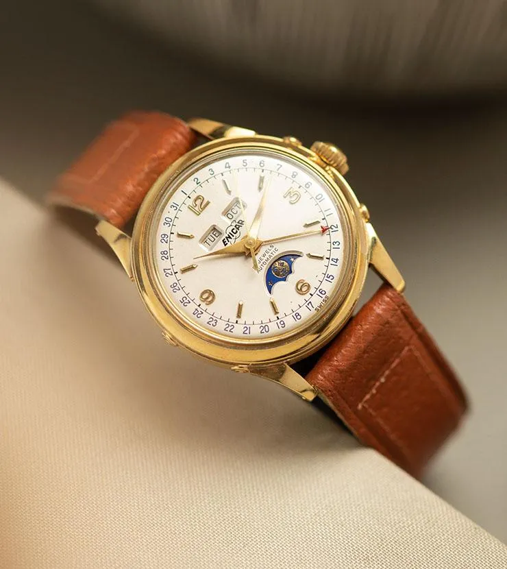 Enicar Triple Calendar Moonphase Yellow Gold Dress Watch