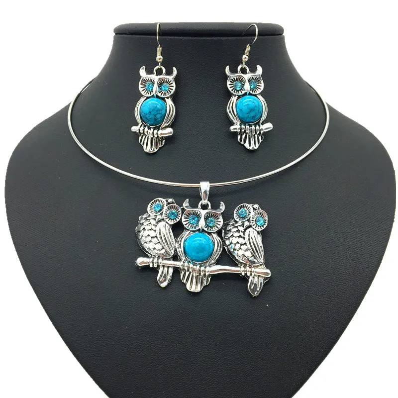 Ethnic Style Vintage Turquoise Pendant Choker Set with Amazon Collar Necklace