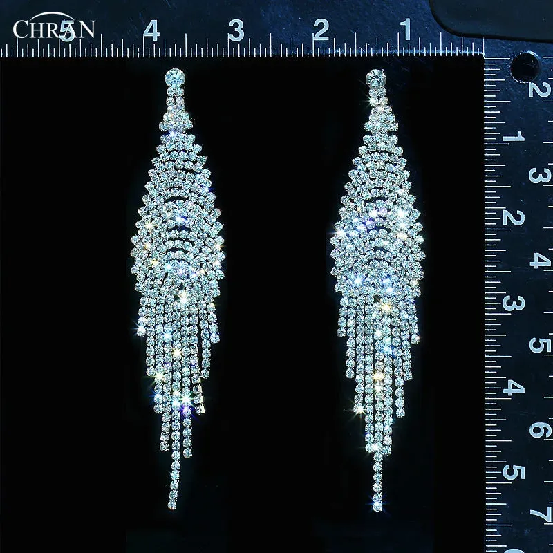 Fashion Women Luxury  Rhinestone Chandelier Long Tassel Earrings