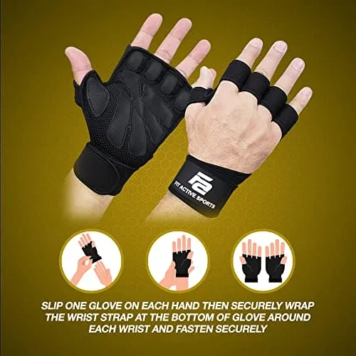 Fit Active Sports New Ventilated Weight Lifting Gloves with Built-in Wrist Wraps, Full Palm Protection & Extra Grip. Great for Pull Ups, Cross Training, Fitness & Weightlifting. (Men & Women)