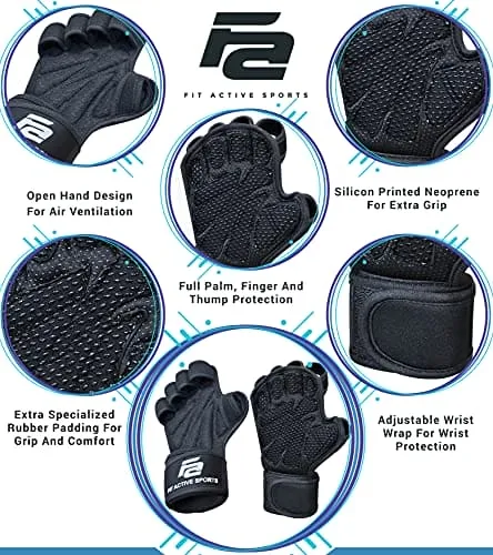 Fit Active Sports New Ventilated Weight Lifting Gloves with Built-in Wrist Wraps, Full Palm Protection & Extra Grip. Great for Pull Ups, Cross Training, Fitness & Weightlifting. (Men & Women)