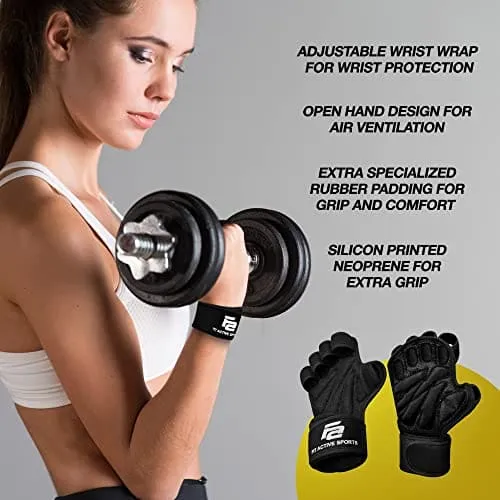 Fit Active Sports New Ventilated Weight Lifting Gloves with Built-in Wrist Wraps, Full Palm Protection & Extra Grip. Great for Pull Ups, Cross Training, Fitness & Weightlifting. (Men & Women)