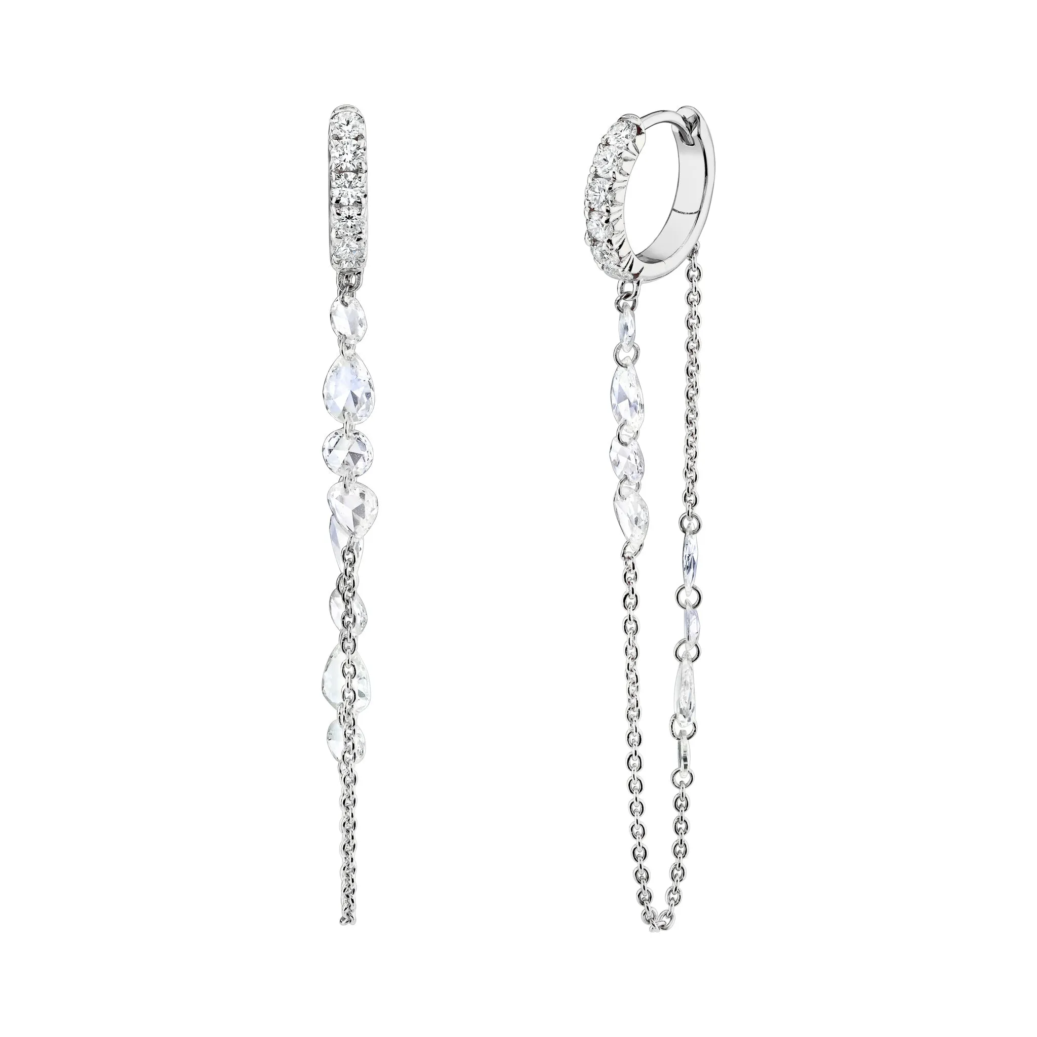 French Pave Diamond Huggies with Eau de Rose Cut Diamond Iris Chain Drops