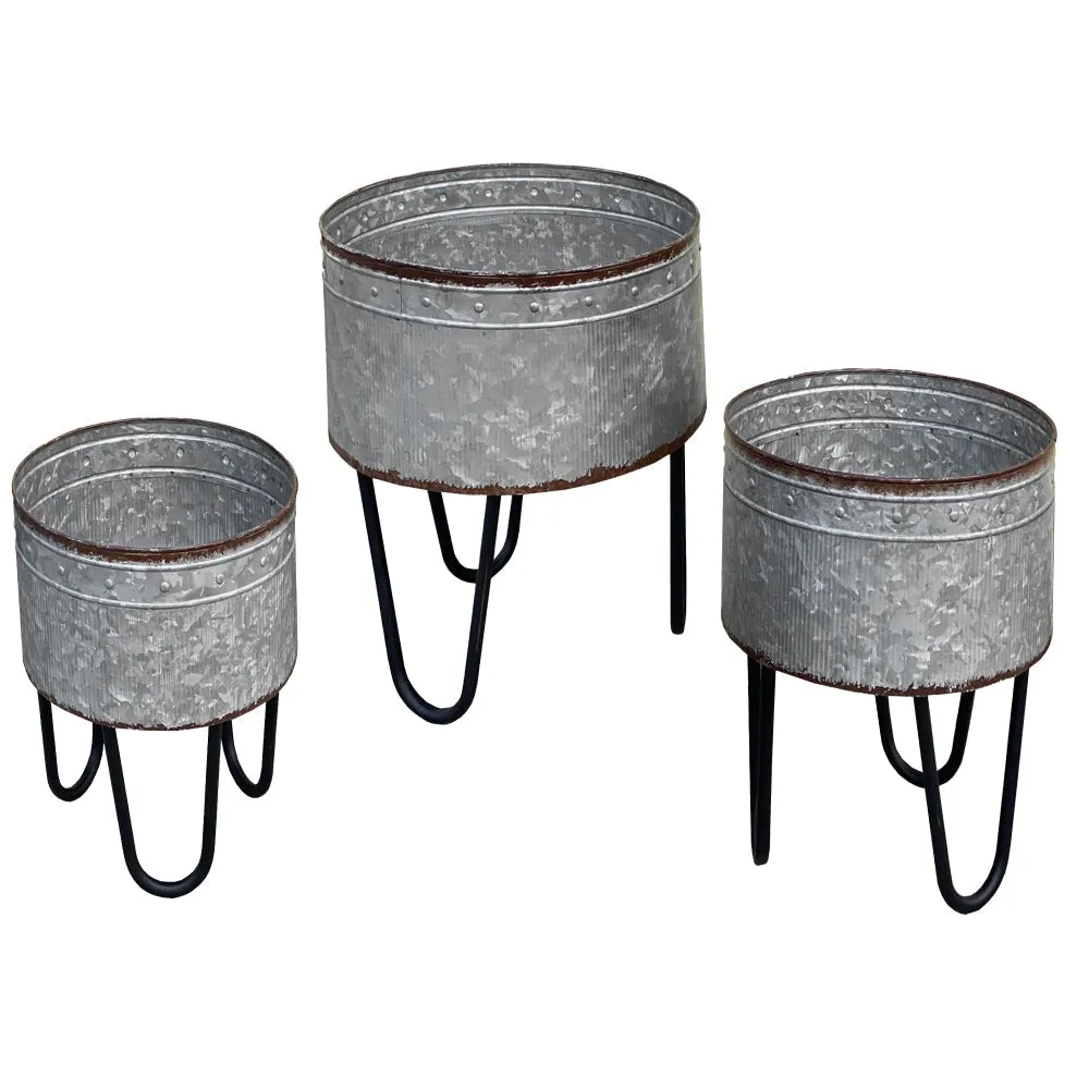 Galvanized Sheet Planter Tubs, Iron Powder Coated Hairpin Legs, Set of 3, Gray, Black By Casagear Home