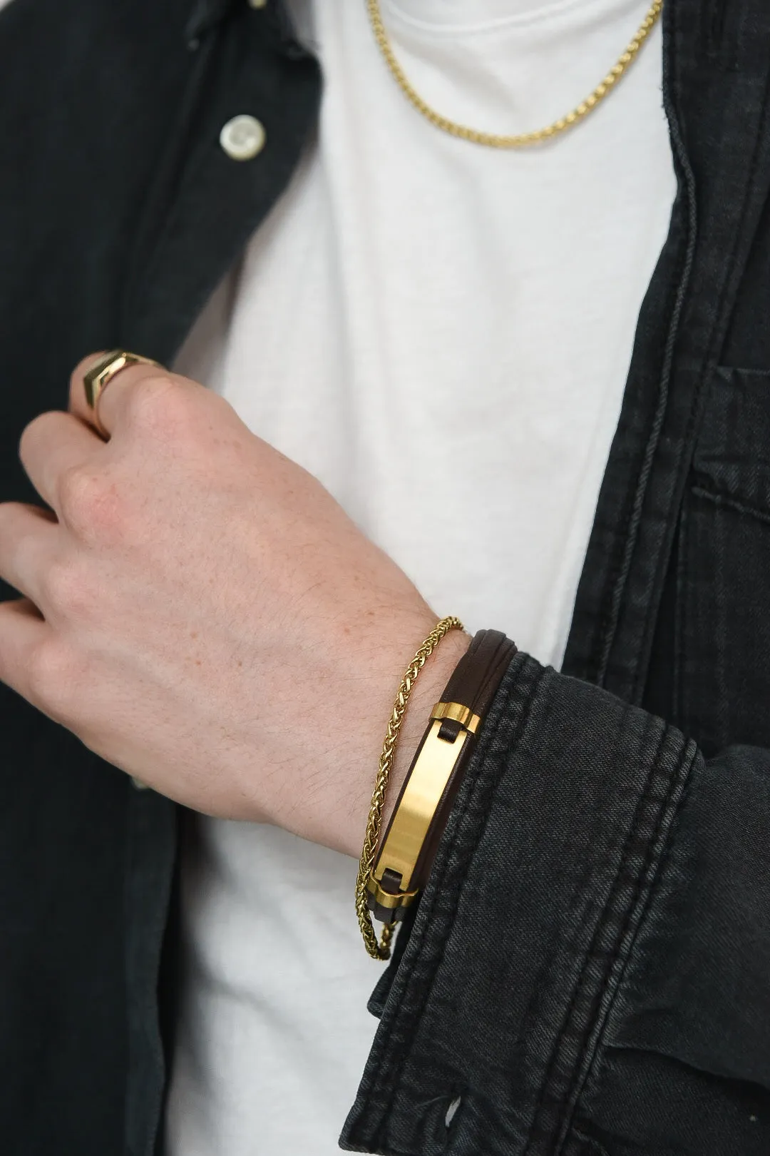 Gents Brown Leather And Gold Matte ID Bracelet With Magnetic Catch