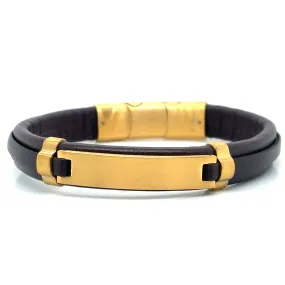 Gents Brown Leather And Gold Matte ID Bracelet With Magnetic Catch