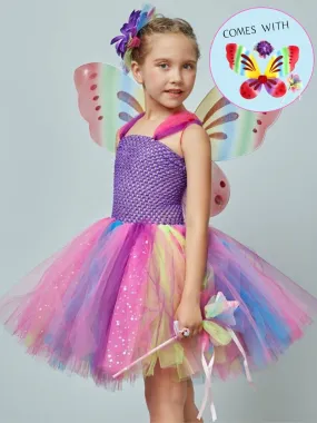 Girls Butterfly Fairy Halloween Tutu Dress Costume with Matching Hairpin, Wand, and Wings