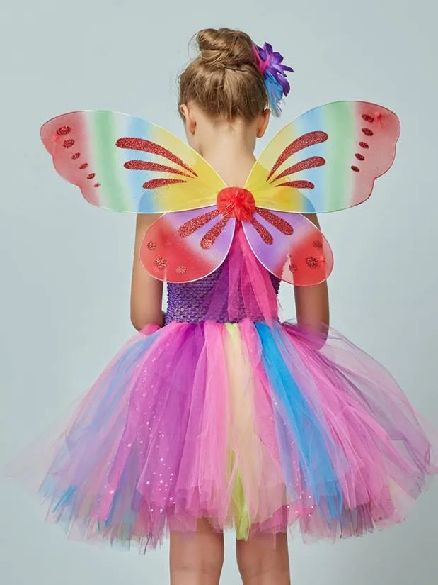 Girls Butterfly Fairy Halloween Tutu Dress Costume with Matching Hairpin, Wand, and Wings